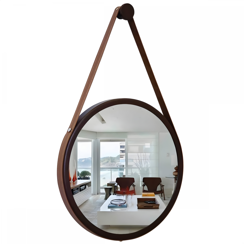 Espelho Redondo Adnet Marrom 50cm com Alça de Couro Caramelo