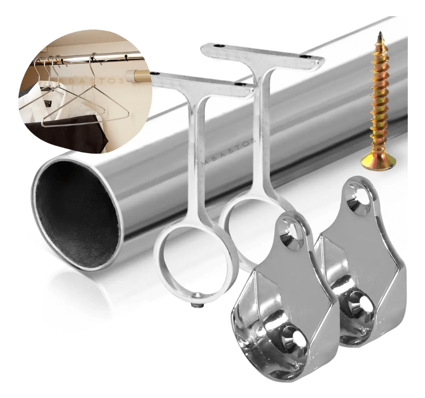 Kit Tubo Cabideiro Redondo Com Suporte Guarda Roupa 2 Metros