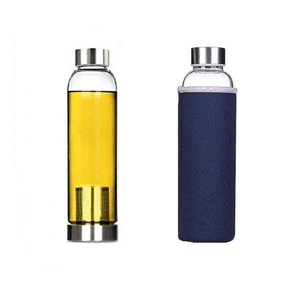 Garrafa Squeeze Vidro Infusor Inox Capa Neoprene Azul Garrafas Infusoras Aromaterapia