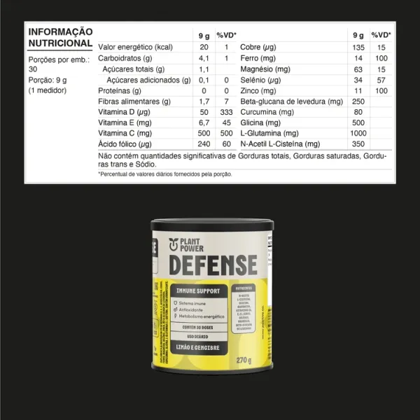 Defense Limão com Gengibre Plant Power 270g : SUPLEMENTOS - Outros