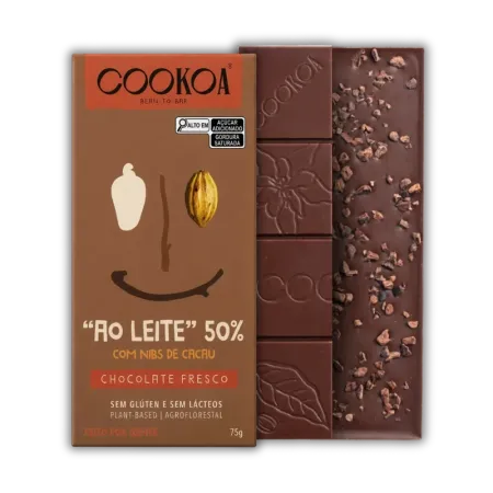 Barra de Chocolate ao Leite 50% com Nibs de Cacau Cookoa 75g