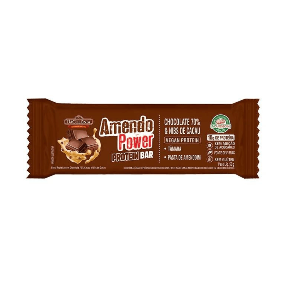 Barra Amendopower Protein Bar Chocolate 70% Cacau e Nibs Dacolônia 50g
