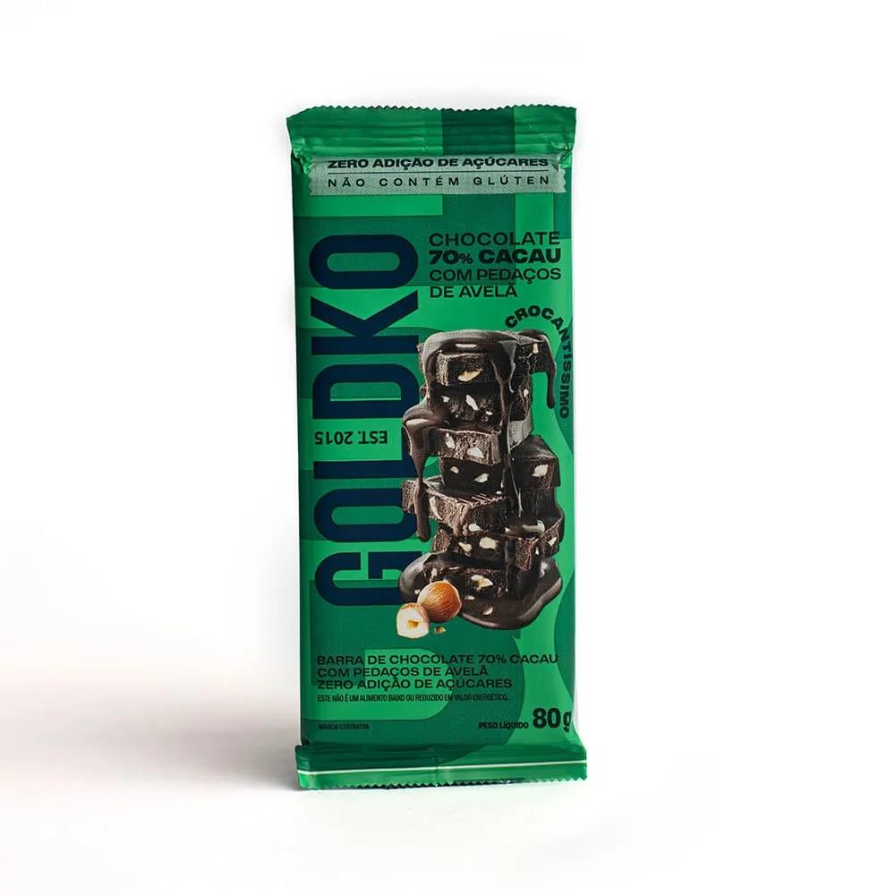 Barra de Chocolate 70% Cacau com Avelã Zero Açucar Goldko 80g
