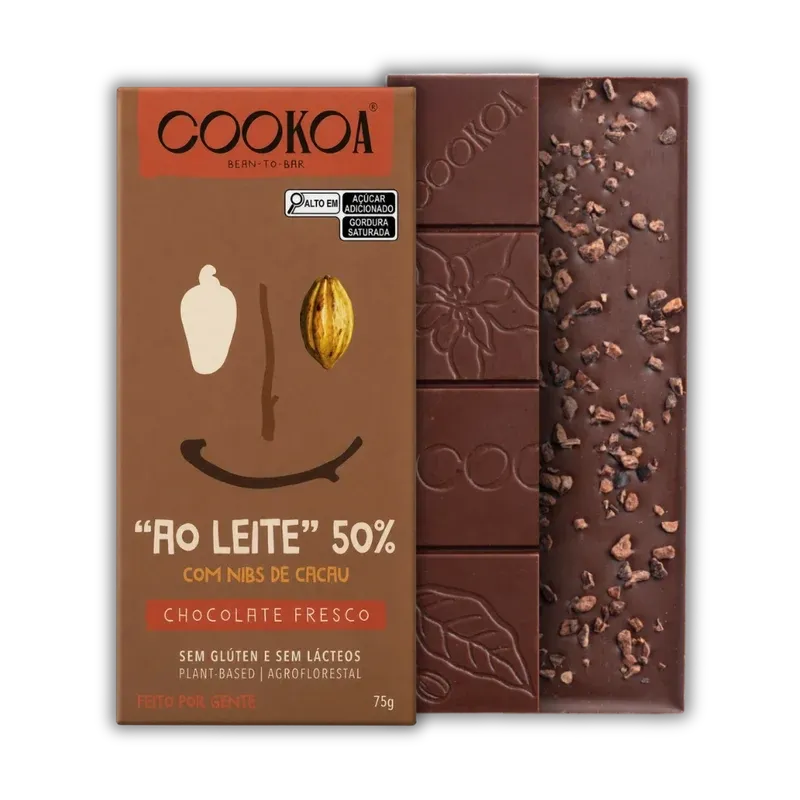 Barra de Chocolate ao Leite 50% com Nibs de Cacau Cookoa 75g