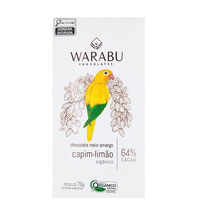 Barra de Chocolate Meio Amargo Capim Limão 64% Cacau Warabu 70g
