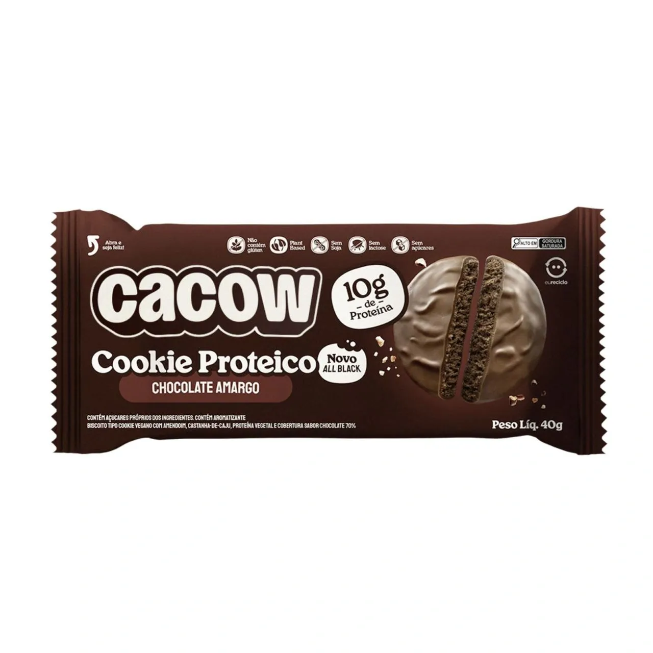 Cookies Proteico All Black com Chocolate Meio Amargo Cacow 40g