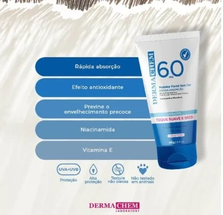 Protetor Solar Facial Sem Cor FPS 60 - Dermachem Laboratory 40g