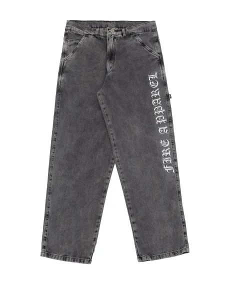 Calça Big Jeans Fire Reta Premium Vertical Letter (Estonada/Cinza Claro)