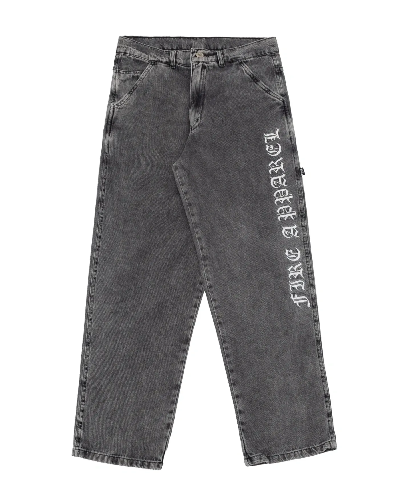 Calça Big Jeans Fire Reta Premium Vertical Letter (Estonada/Cinza Claro)