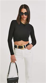Blusa Morena Rosa Decote Redondo Manga Longa Com Franzido Preto