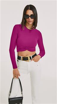 Blusa Morena Rosa Decote Redondo Manga Longa Com Franzido Roxo