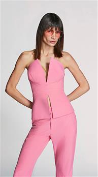 Blusa Morena Rosa Decote V Sem Manga Abertura Cóstas Rosa