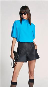 Blusa Morena Rosa Gola Alta Manga Curta Com Lastex Azul