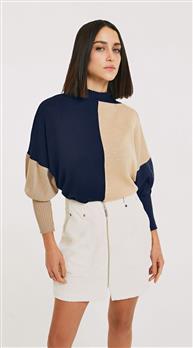 Blusa Morena Rosa Gola Alta Manga Longa Tricôt Azul Marinho/Cru