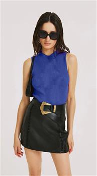 Blusa Morena Rosa Gola Alta Sem Manga Tricôt Azul
