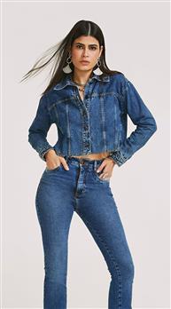 Jaqueta Morena Rosa Classica Ombro Deslocado Jeans