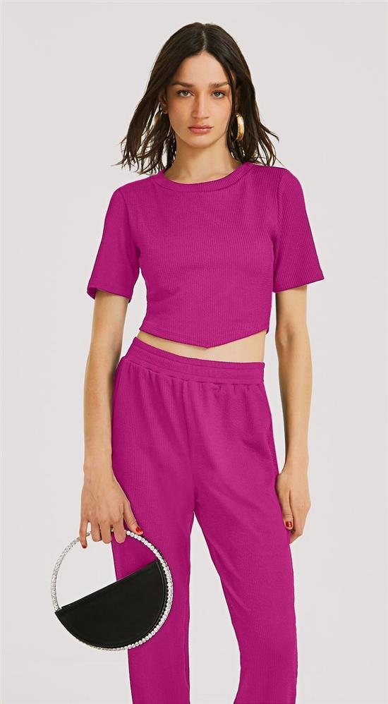 Blusa Morena Rosa Decote Redondo Manga Curta Detalhe Frente Rosa