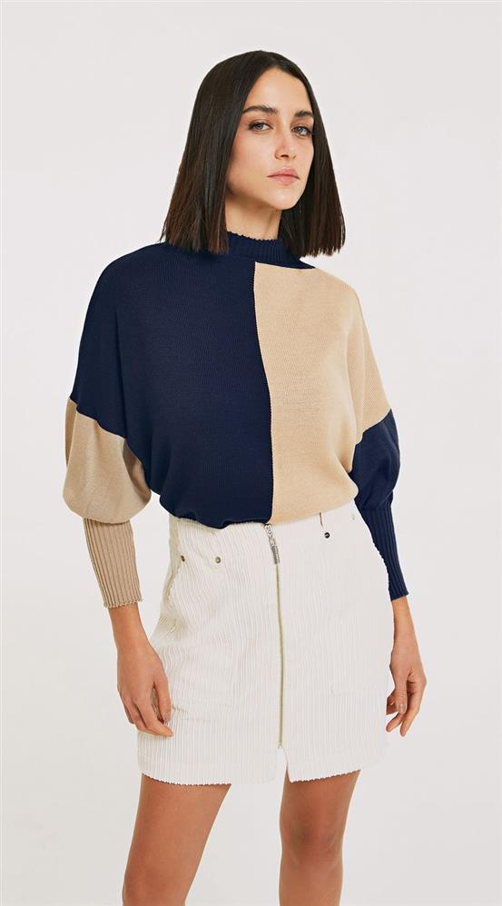 Blusa Morena Rosa Gola Alta Manga Longa Tricôt Azul Marinho/Cru