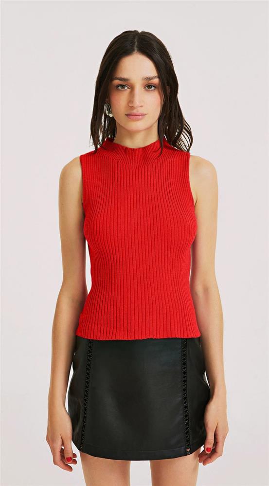 Blusa Morena Rosa Gola Alta Sem Manga Tricôt Coral
