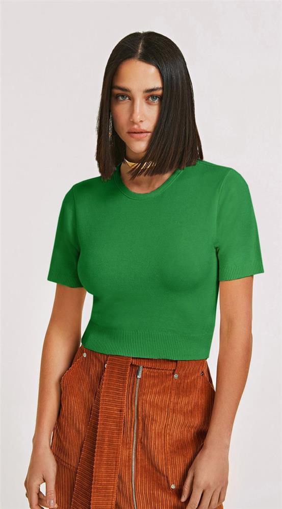 Blusa Morena Rosa Gola Redonda Manga Curta Tricôt Verde