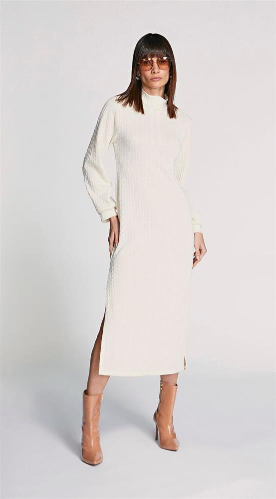 Vestido Morena Rosa Midi Gola Alta Com Fenda Bege