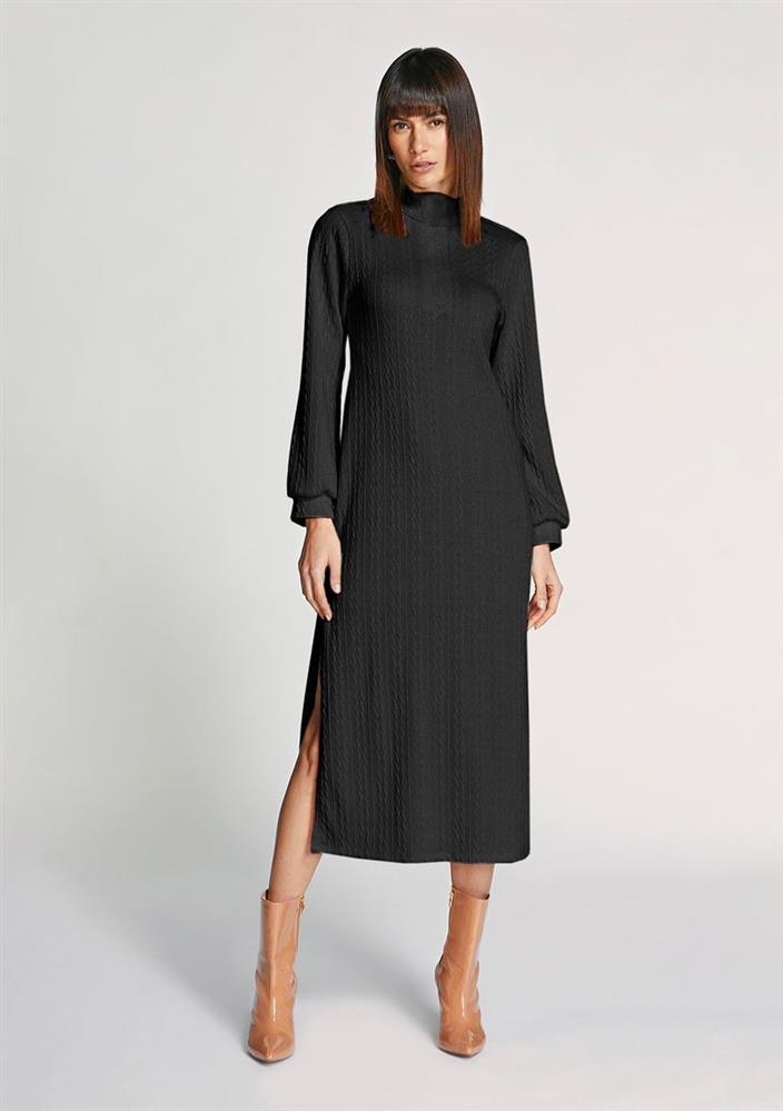 Vestido Morena Rosa Midi Gola Alta Com Fenda Preto