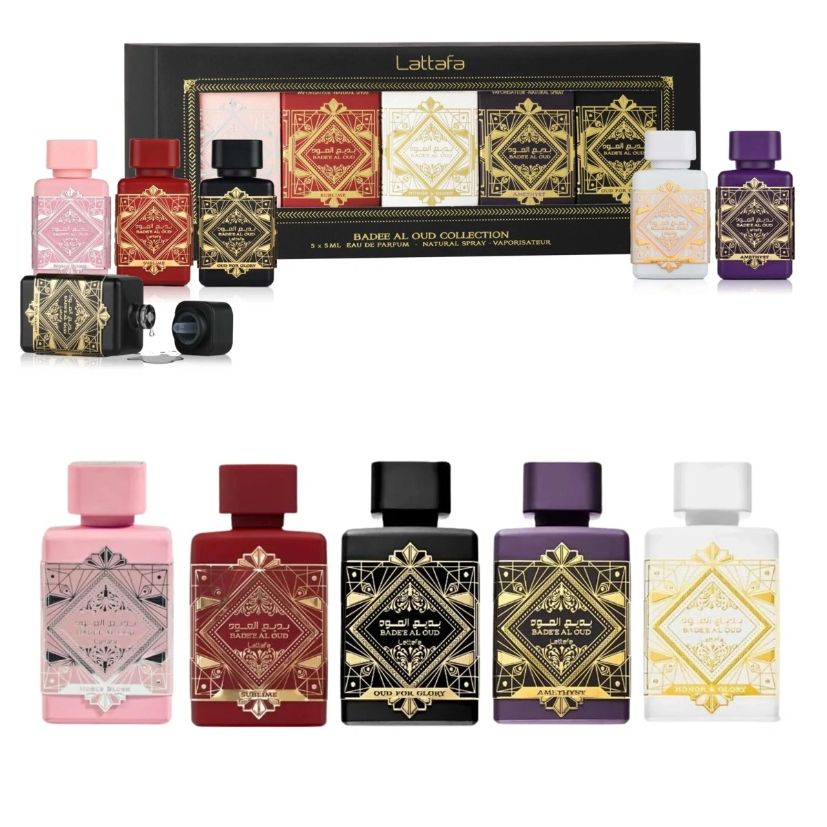 Kit Mini Badee Al Oud Collection Lattafa - Árabe Feminino EDP 5X5ml - Lattafa no Atacado