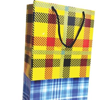 Sacola de Papel Cartão 210g Amarelo -Azul - Alça Cordão 24,5 X 15 X 7cm