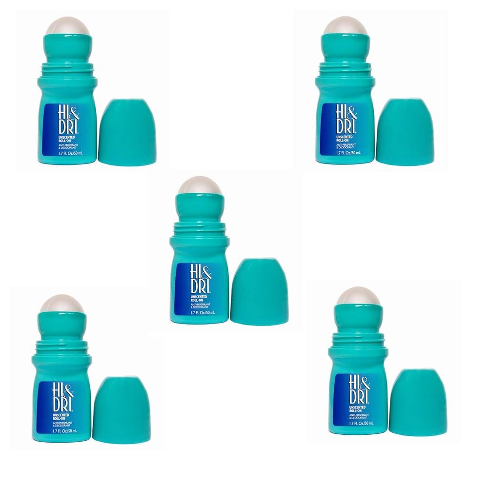 KIT COM 5 Desodorante Antitranspirante Roll-On Hi & Dri Unscented Sem Perfume 50ml Azul - Hi & Dri Atacado