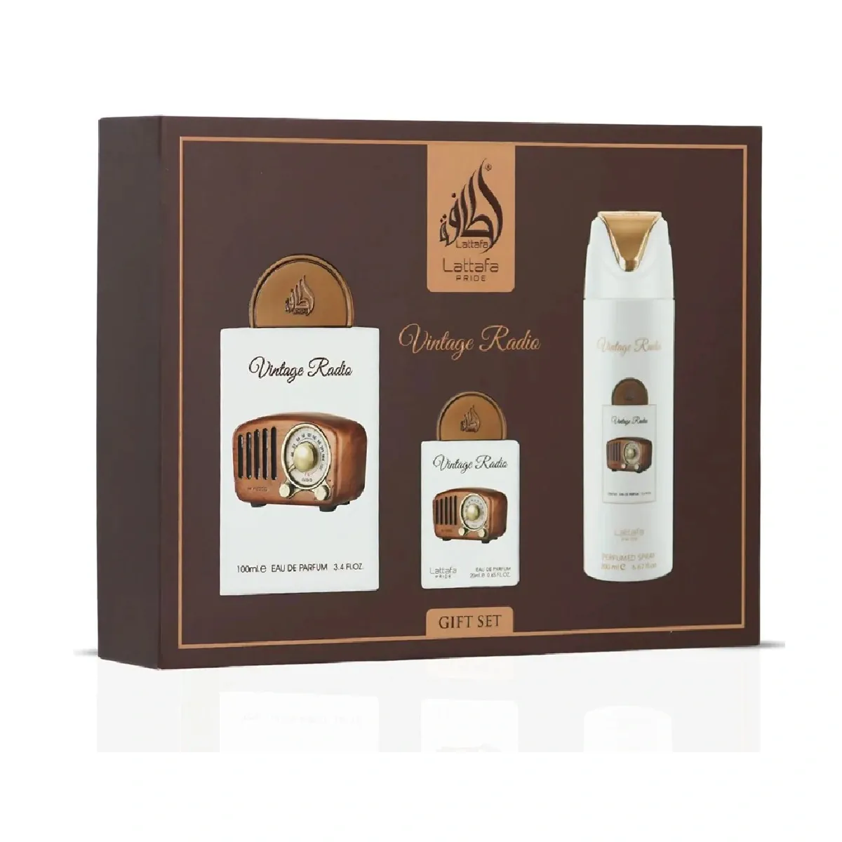 Kit Lattafa Pride Vintage Radio Gift Set - 3 em 1 - EDP Unissex- Perfumes Árabes Lattafa no Atacado
