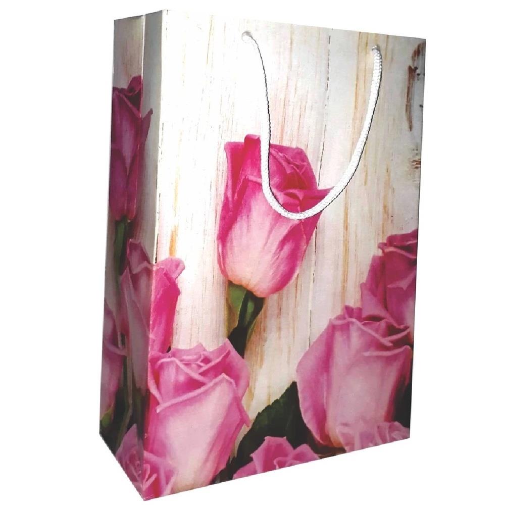 Sacola de Papel Cartão 210g  ROSA-FLOR - Alça Cordão 24,5 X 15 X 7cm