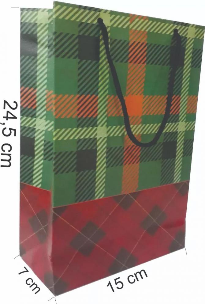 Sacola de Papel Cartão 210g  Verde-Vermelho - Alça Cordão 24,5 X 15 X 7cm