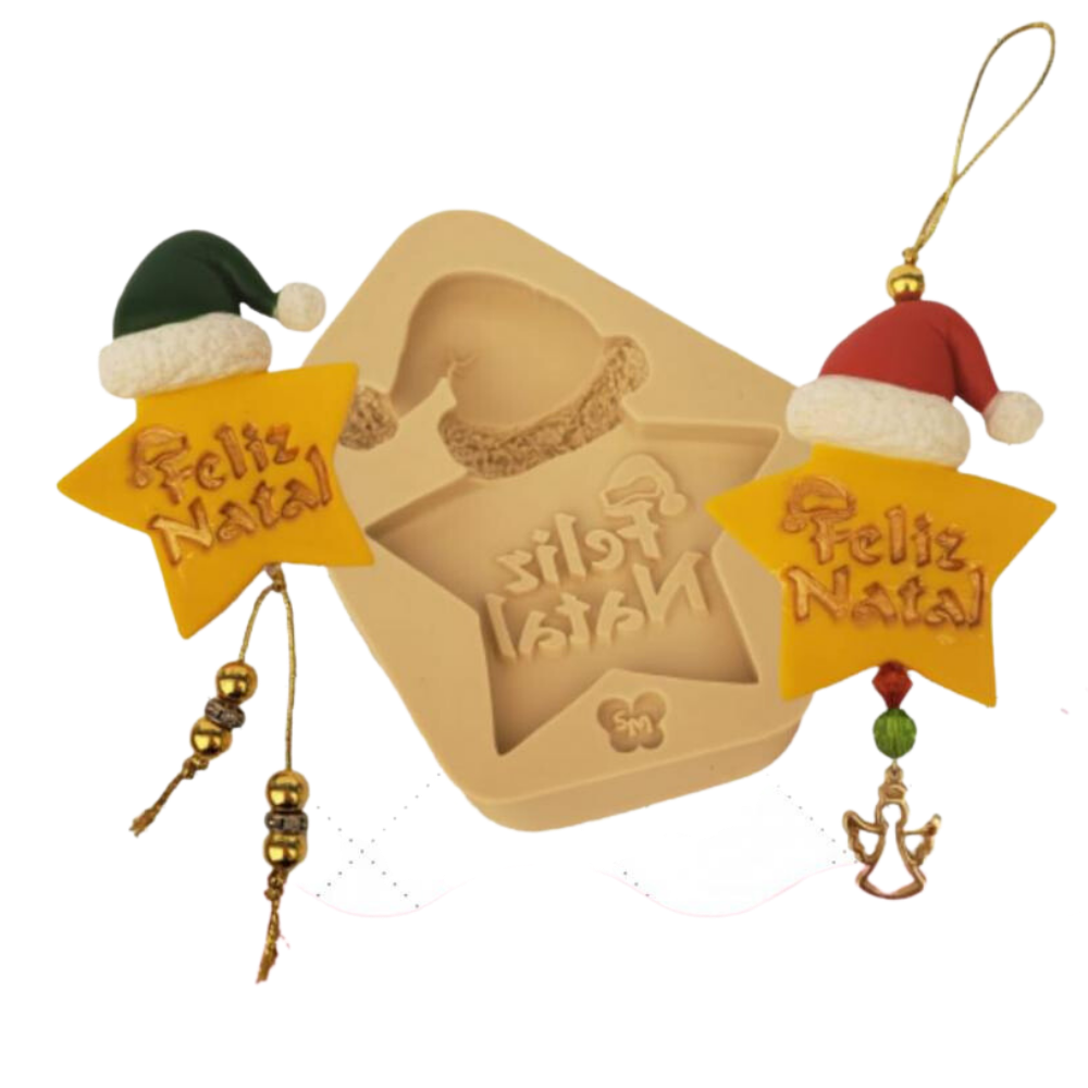 Molde de Silicone Estrela com Gorro Feliz Natal - Cód 1116