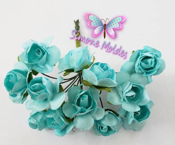 Flor de Papel Mini - Azul Tiffany : Flores Artificiais - Mini Rosa de Papel