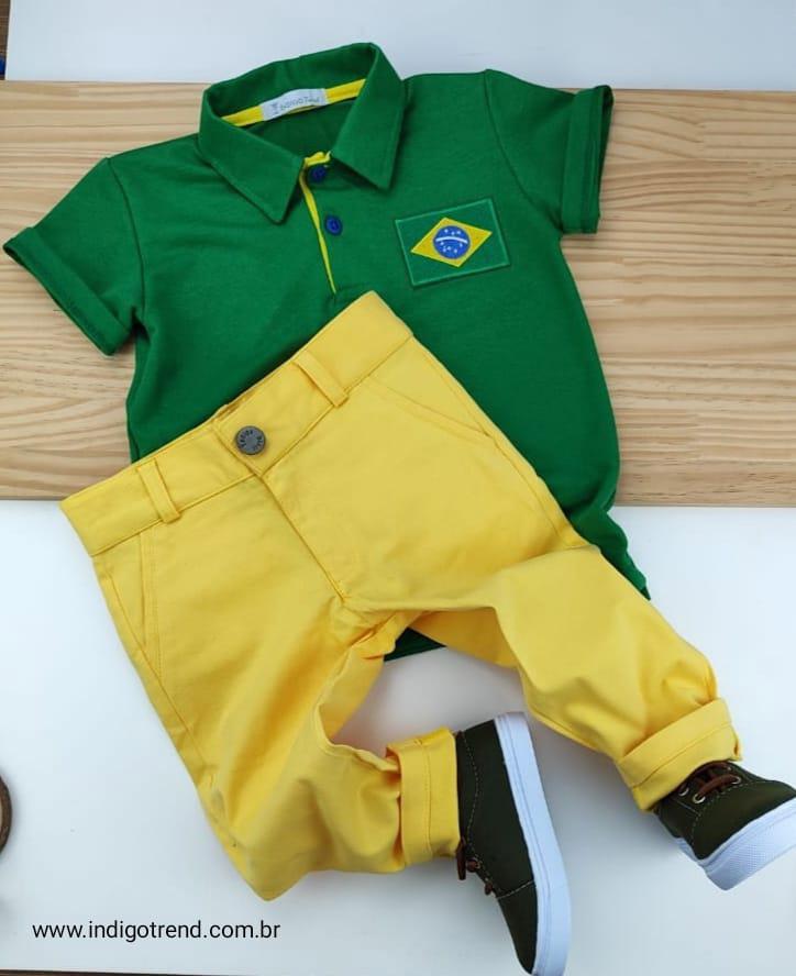 Conjunto Camisa Polo Verde Brasil Cal A Ou Bermuda Adulto Juvenil