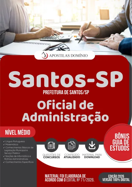 Apostila Prefeitura de Santos/SP 2026 - Oficial de Administração
