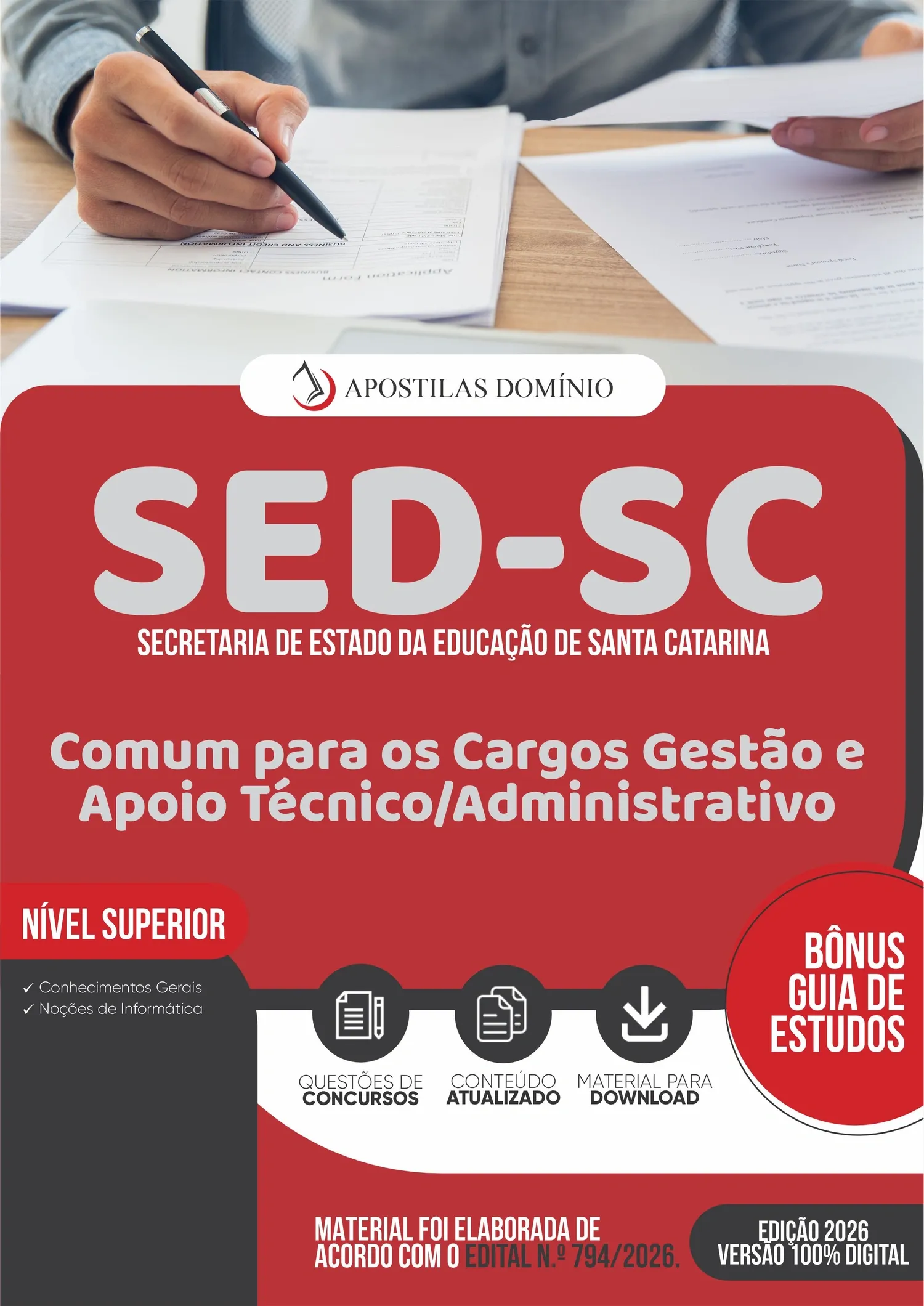 Apostila SED/SC 2026 - Comum para os Cargos Gestão e Apoio Técnico/ Administrativo
