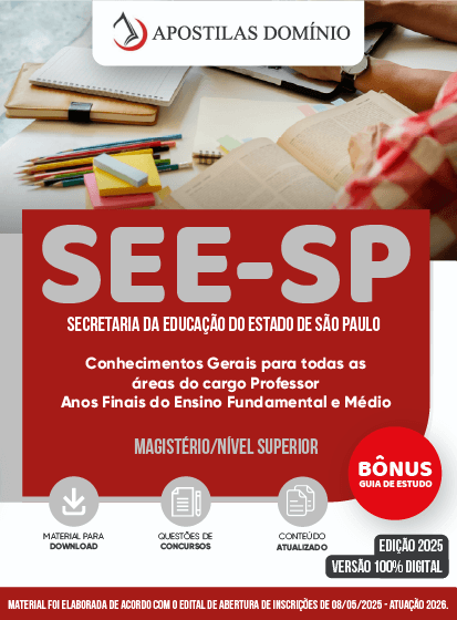 Apostila SEE-SP 2026 - Comum para todos os cargos de Professor de Ensino Fundamental e Médio