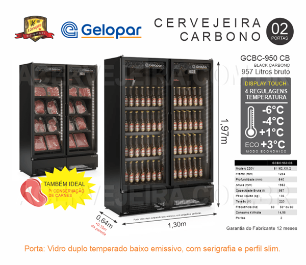 Cervejeira Expositora Comercial Porta Dupla c/ Display Touch 950L