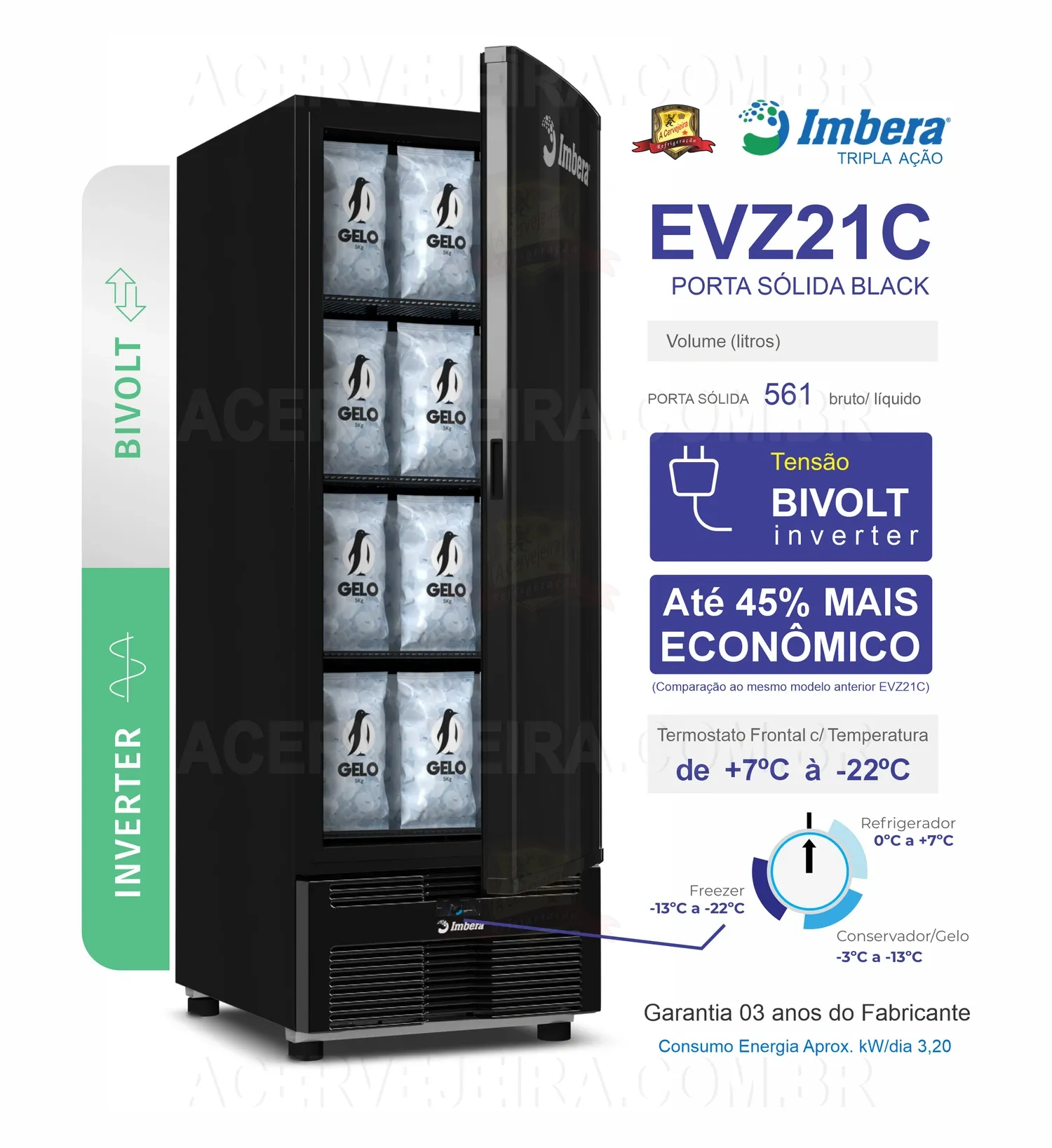 Invel MIG3ヒジャブブラック Conservador/ Freezer Vertical Tripla Ação EVZ21C Black 561L Imbera