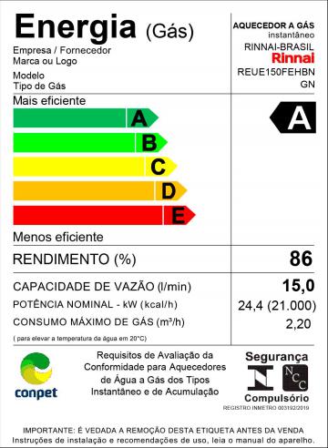 Aquecedor de Água à Gás RINNAI REU E 15 FEH com vazão 15 Litros/min - Tipo