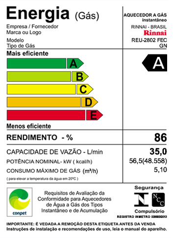 Aquecedor de Água à Gás RINNAI REU 2802 FEC com vazão 35 Litros/min - tipo  de
